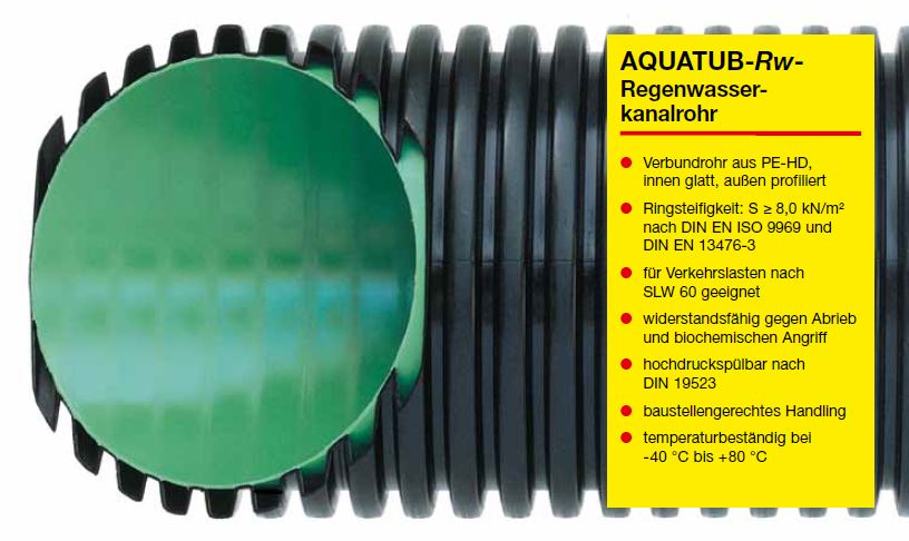 Aquatub-Rw Regenwasserkanalrohr SN8 in Verbundbauweise aus PE-HD mit Verbindungsmuffe, außen gewellt, innen glatt
