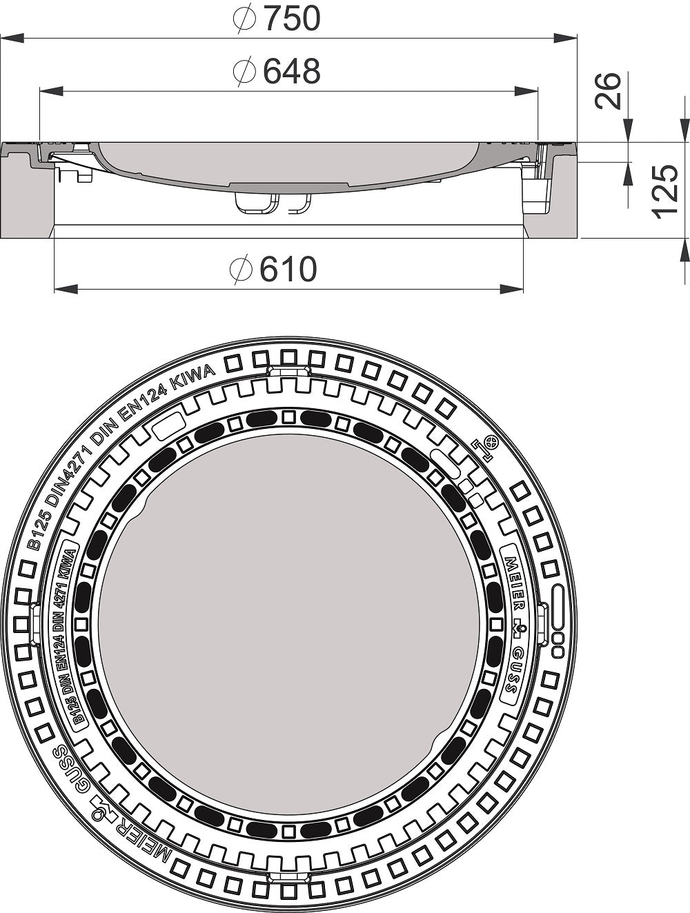 befahrbare Schachtabdeckung rund Betonguss / BEGU für Schachkonus / Schachtring Di 600 / 625 mm