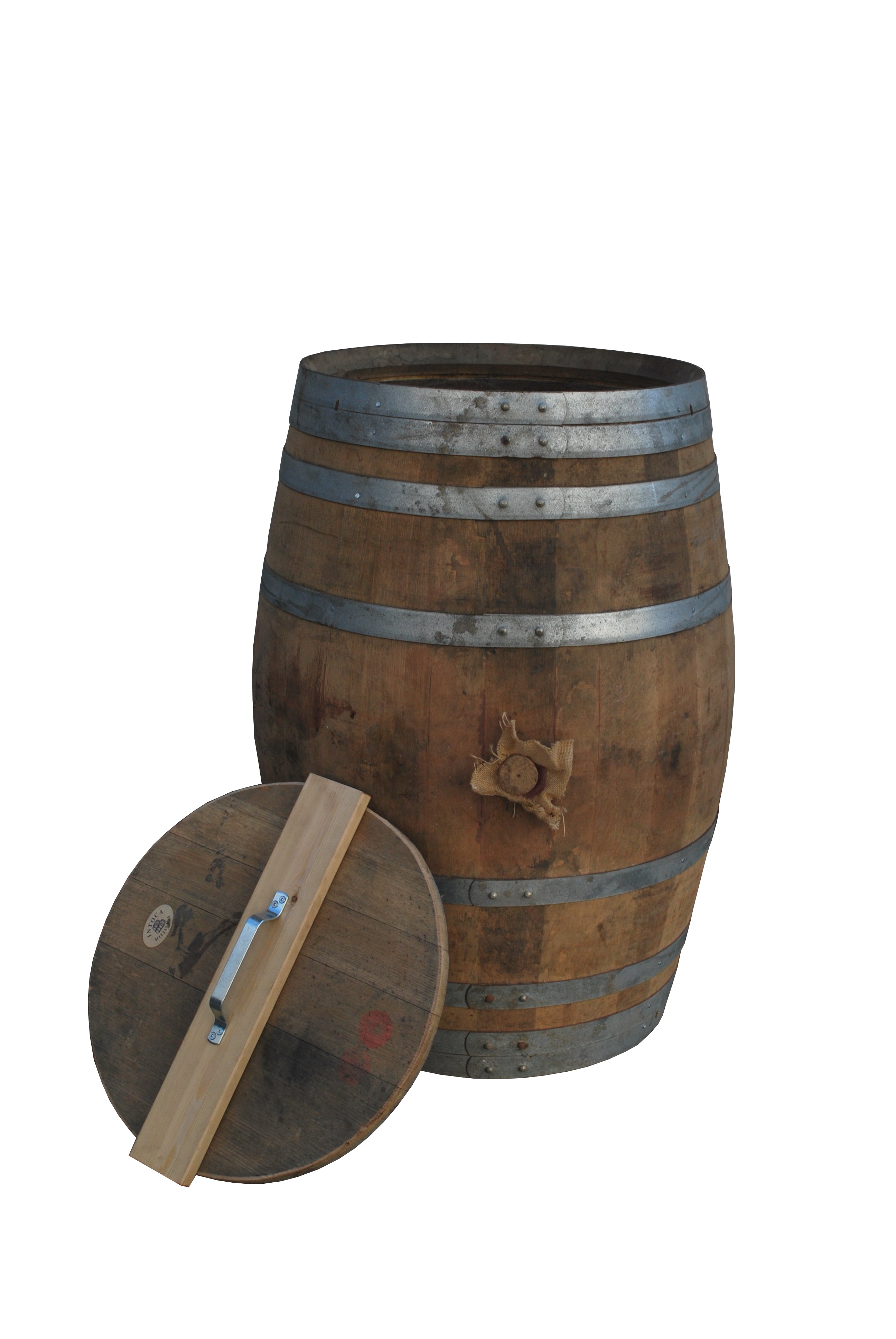 1/1 Weinfass (Barrique) gebraucht, Deckel mit Zinkgriff als Regentonne ca. H90 xD70 cm