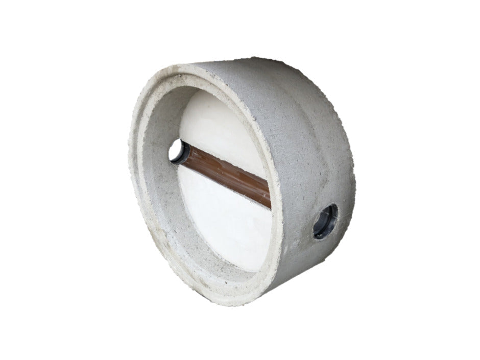 Schachtunterteil 80/55cm für Schachtring, mit Steinzeugrinne DN150, Betonberme